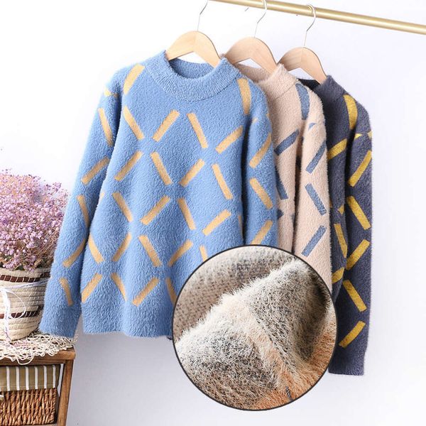 

clothing 2020 winter korean boys' mink sweater diamond check big children's t-shirt 150-180, Blue