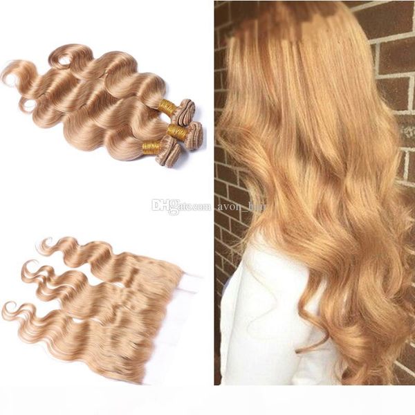 

honey blonde body wave wavy hair bundles with lace frontal 13x4 pure color 27 ear to ear frontal with body wave hair extension, Black;brown