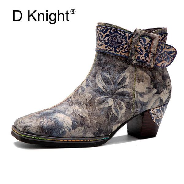 

chinese style ankle boots for woman retro painting handmade genuine leather belt big brand shoes thick high heels women boots, Black