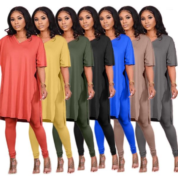 

sleeve crew neck long tshirt slim pencil pants ladies solid color clothing sets women split two piece sets long, White