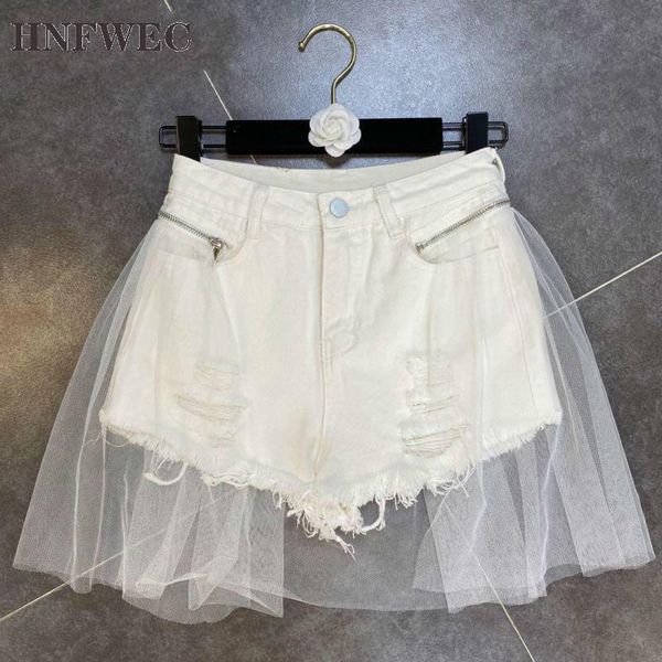 

women's shorts women white denim removable mesh spliced holes zipper short jean 2ways wearing 2021 arrival xl p211, White;black