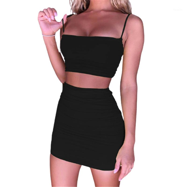 

women sets sling short and skirts two piece tight summer black set high street lady solid color slim clothing set1, Gray