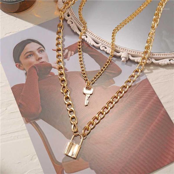 

chains ay vintage gold color key lock double layer necklace 2021 punk thick chain fashion jewelry1, Silver