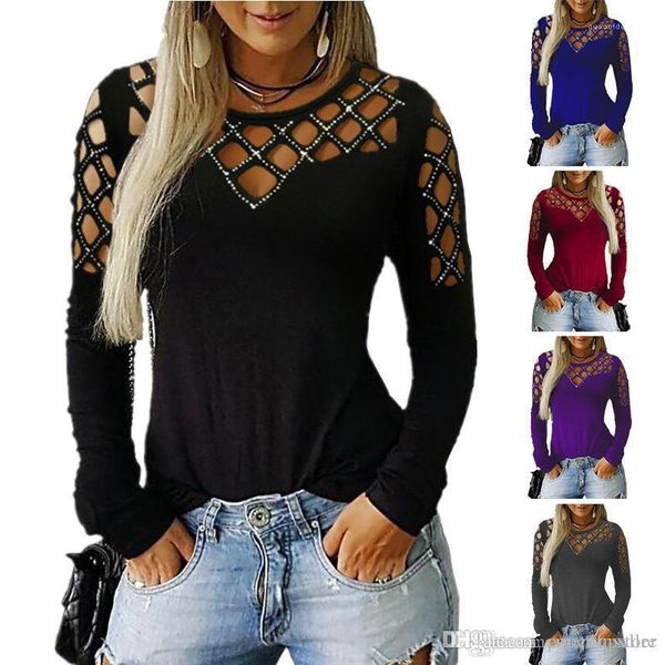 

tshirts women autumn spring casual solid tshit rhinestone designe hallow, White