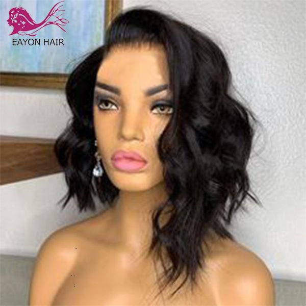 

lace wigs eayon wavy human hair wig remy 13x4 front pre plucked cut bob 150% baby, Black;brown