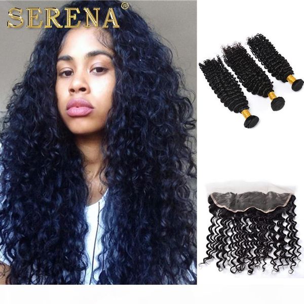 

human hair extensions weft malaysian deep wave curly 3 bundles with 13x4 lace frontal hair weaves hair bundles with frontal wet and wavy, Black;brown