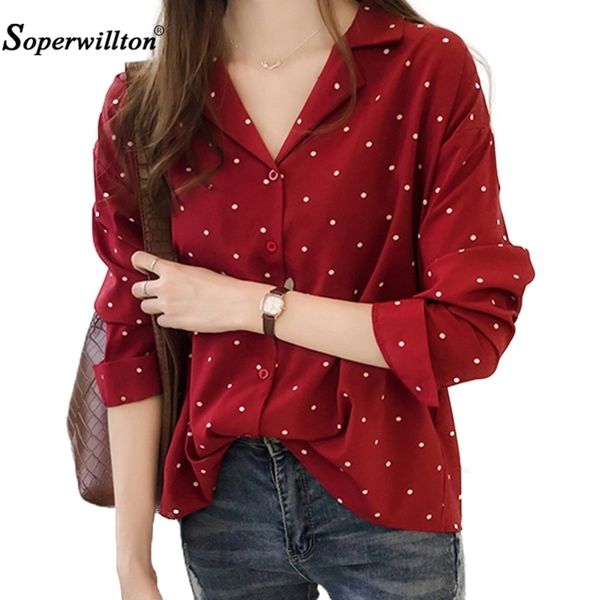 Plus size 4xl Casual T-shirt solta mulheres escritório camiseta manga longa bolinhas preto senhoras vermelhas camisas blusas feminina tops blusa 201029