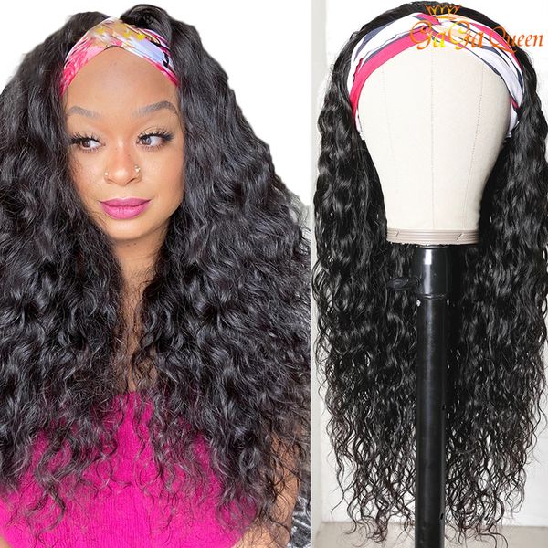 

water wave headband wigs human hair for black women peruvian scarf wig water wave human hair wigs, Black;brown