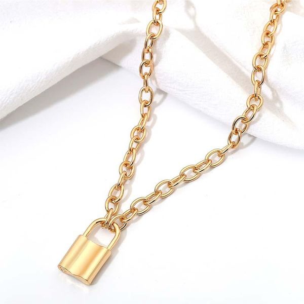 

chokers stainless steel silver gold padlock pendant necklaces link chain lock collar ras du cou collier femme for women men, Golden;silver