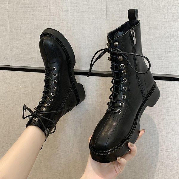 

lace up lady boots winter shoes for women luxury designer round toe flat heel boots-women 2021 fashion autumn rock rubber, Black