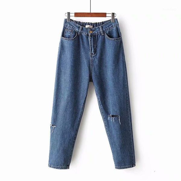 

plus size casual small straight jeans 2019 autumn women fashion loose holes denim ankle-length pants l2-5121, Blue