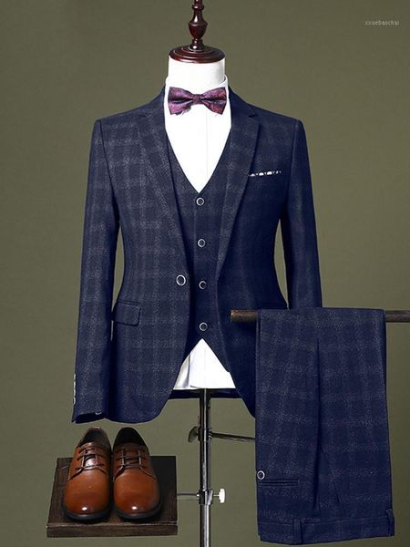 

men's three-piece exquisite hand-word korean style plaid slim fit casual business party groom's wedding dress 2021 fashion1, White;black