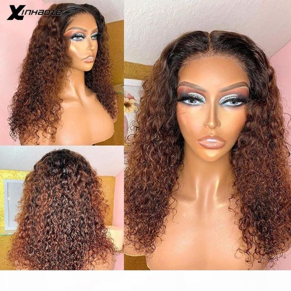 

ombre brown deep curly human hair wig ombre 180 density lace front wig 13x6 human wigs with baby hair pre plucked with baby, Black;brown