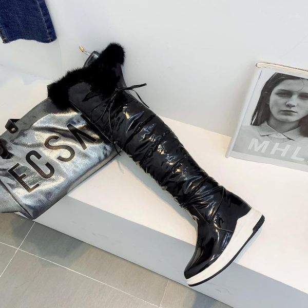 

boots winter style warm over knee snow feather women waterproof true fur non-slip shoes1, Black