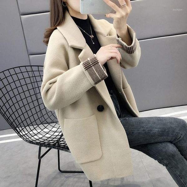 

women's mink velvet warm thicke jacket coat 2020 loose long sleeve woolen coat autumn winter women cardigan cotton1, Black