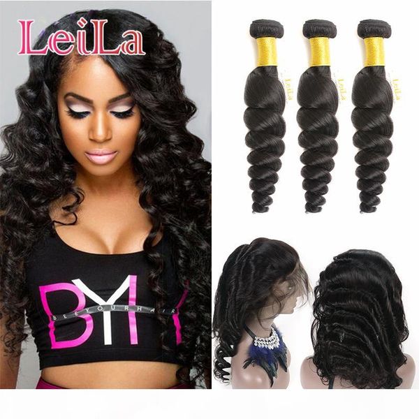 

malaysian virgin hair loose wave pre plucked 3 bundles with 360 lace frontal lace band loose wave human hair wefts with closure, Black;brown