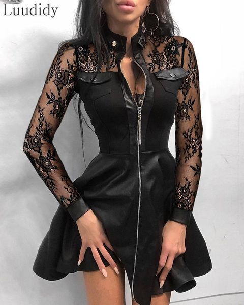 

women elegant long sleeve pu dress sheer mesh lace zipper design pu leather dress, Black;gray