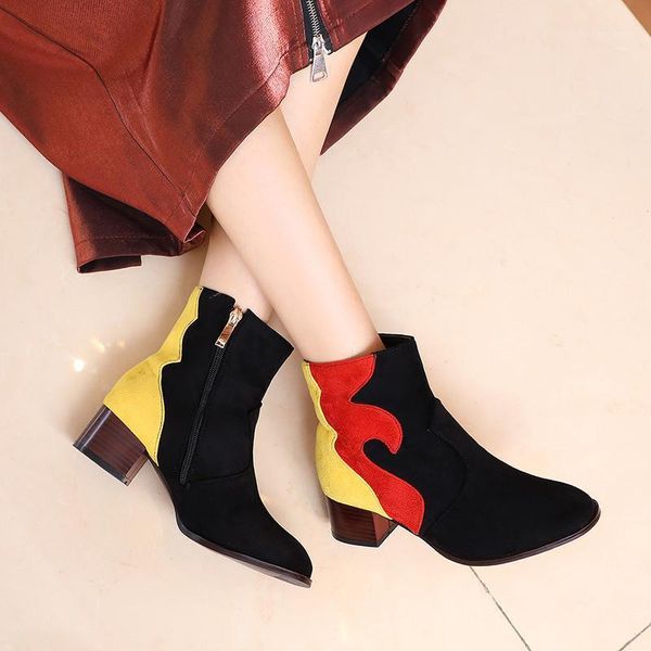 

street casual round toe flock riding boots fashion color matching black green zipper thick medium with ankle boots women's shoes1