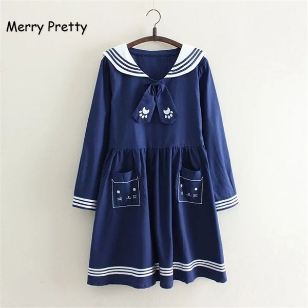 

merry pretty navy bow tie dress mori girls summer japan style cute long sleeve sailor collar cat embroidery white dress vestidos y200805, Black;pink