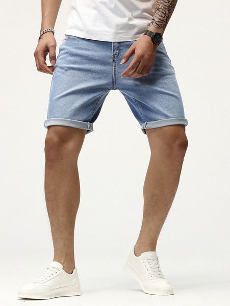 

men solid pocket detail denim shorts 21pl#, Blue