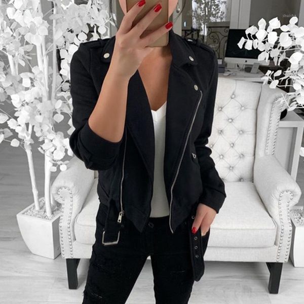 

new slim solid color zipper button v neck turn down collar sashes pockets short jacket autumn women coat moto jacket belt1, Black;brown