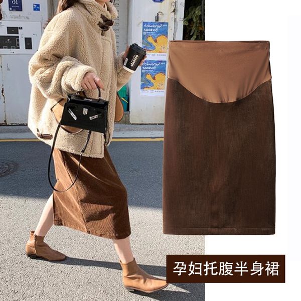 

6017# autumn winter corduroy with velvet maternity skirts thick warm belly skirts clothes for pregnant women pregnancy casual lj201118, White