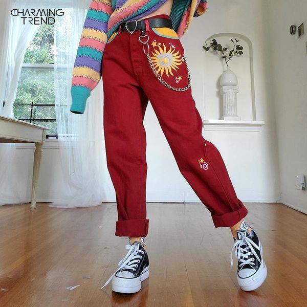 

women's casual sun print straight trousers red streetwear long pants harem pants for women high waist ladies pants vintage, Black;white