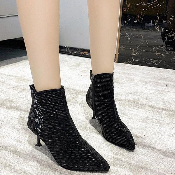 

rimocy shiny crystal thin high heels ankle boots for women pointed toe winter shoes woman warm black short plush shoes lady #kg6t