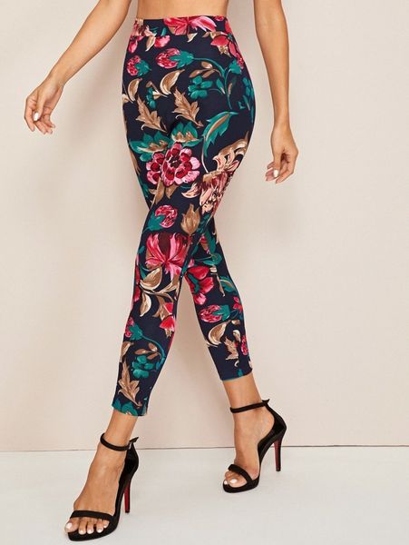 

high waist floral print skinny pants p5zg#, Black;white