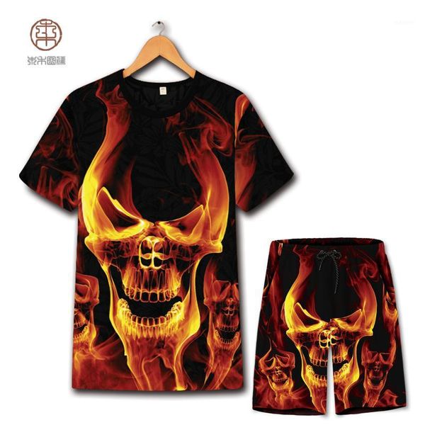 

3d printing creative devil skull oversized hip hop t shirt&shorts suit summer 2018 quality soft breathable mens short sets s-6xl1, Gray