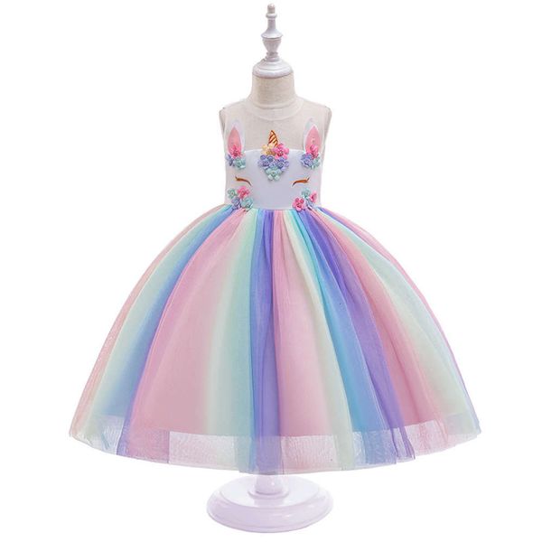 

2019 new children's drs, gauze ins skirt, color stitching unicorn, Red;yellow