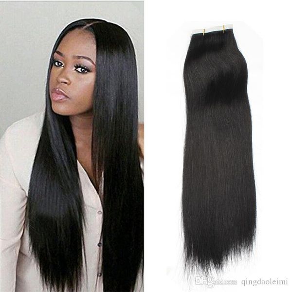 

big seal remy human hair extensions 20pcs pu skin weft silky straight tape in indian remy hair extensions multi color, Black