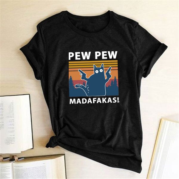 

pew pew madafakas print t-shirts women summer 2021 graphic tees funny shirts for women loose crew neck harajuku for teens, White