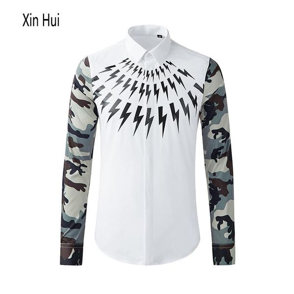 

men's casual shirts shirt for men trend camouflage hand sleeve stitching chest flashing voltage glue printing high-end long sleeves, White;black