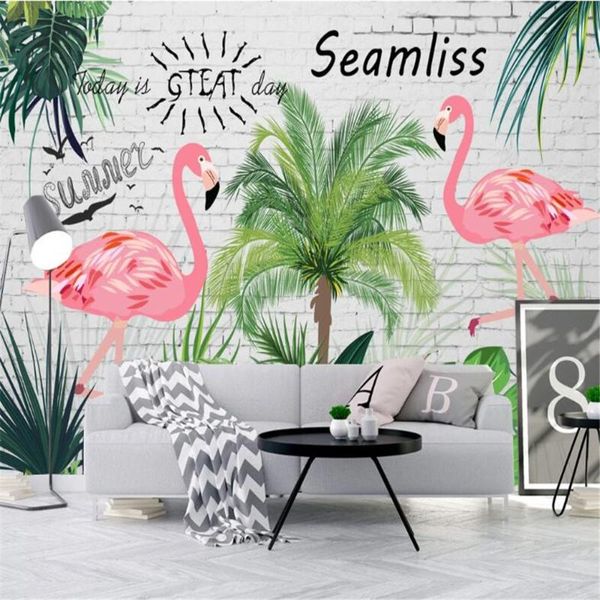 

customized 3d background large wallpaper mural small fresh tropical rainforest banana leaf flamingo pastoral background wall