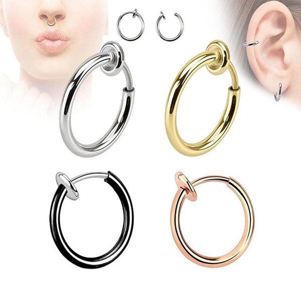 

16g fake nose ring retractable earrings hoop faux lip earrings cartilage septum clip on ear lobe helix anti conch non piercing, Golden