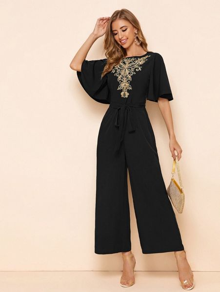 

embroidery detail belted palazzo jumpsuit b2mm#, White
