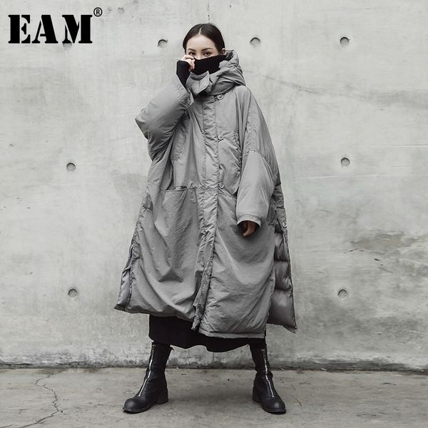 

[eam] hooded cotton-padded gray oversize long warm coat long sleeve loose fit women parkas fashion spring autumn je02002 201027, Black