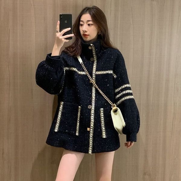 

women's small fragrance coat 2021 new autumn winter woolen top, Black