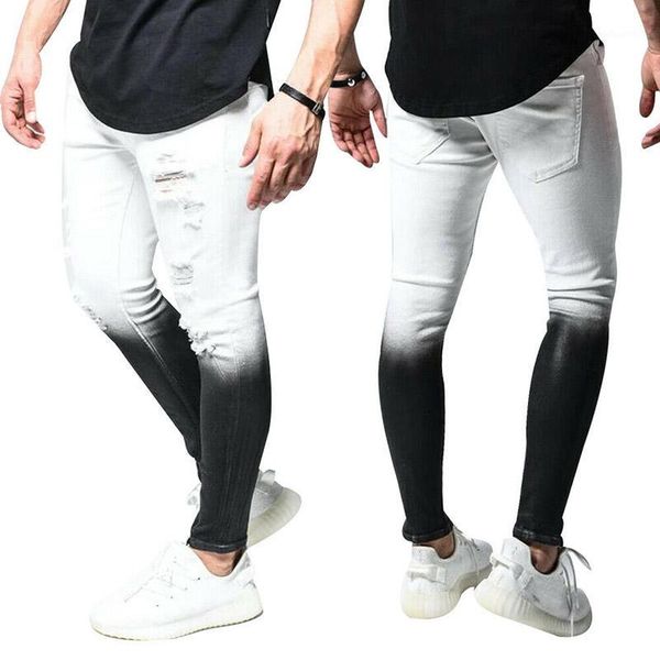 

men ripped gradient skinny jeans frayed destroyed trousers slim breathable denim pants aic881, Black
