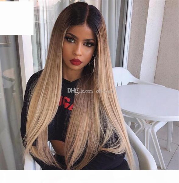 

silky straight ombre lace front human hair wig glueless two tone blonde peruvian remy hair wig for black women with babyhair, Black;brown