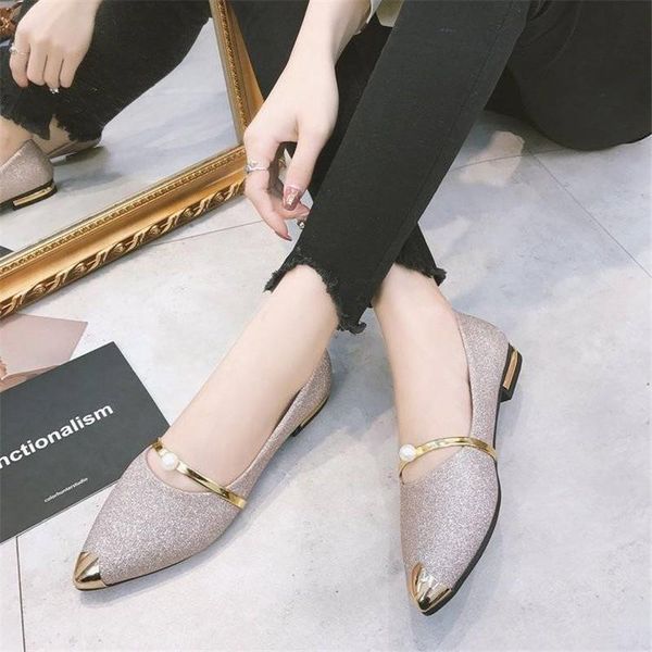 

elegant lady office pearl gold silver sequin flats fashion work glitter loafers spring summer new casual flat shoes pointed toe, Black