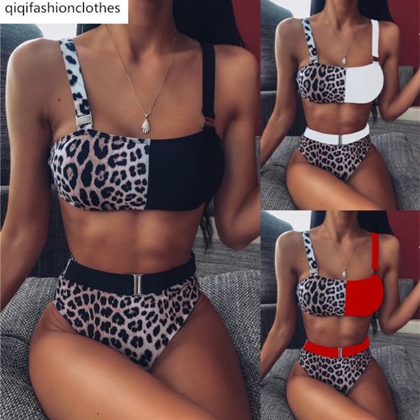 

2020 new bikini leopard print color matching high waist slim split swimsuit for women, White;black