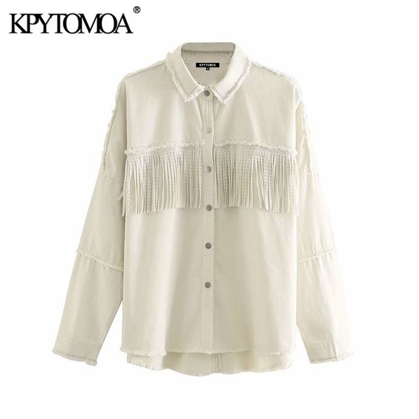 KPYTOMOA Frauen Mode Mit Nieten Fransen Übergroße Denim Jacke Mantel Vintage Langarm Ausgefranste Weibliche Oberbekleidung Chic Tops 201120