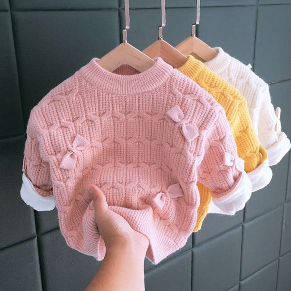 

2020 autumn winter clothing girls' sweater plush and thickened solid color bowknot 1-5 years old children's basic t-shirt 3, Blue