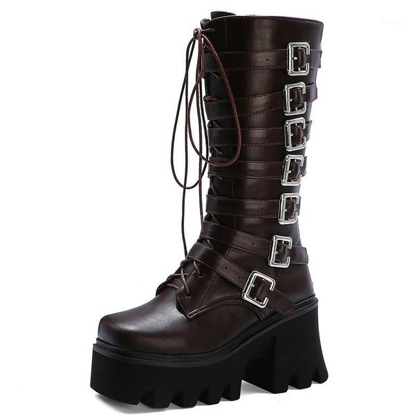 

boots 2021 fashion hasp mid calf autumn winter wedges platform buckle punk casual shoes metal decoration women pu1, Black
