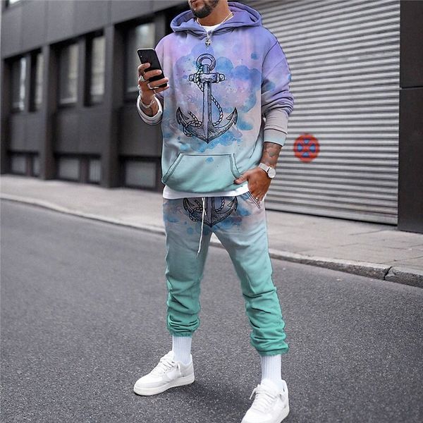

men's 3d hoodies set graphic anchor print hooded casual daily 3d print casual streetwear hoodies sweatshirts long sleeve blue black roy, Gray