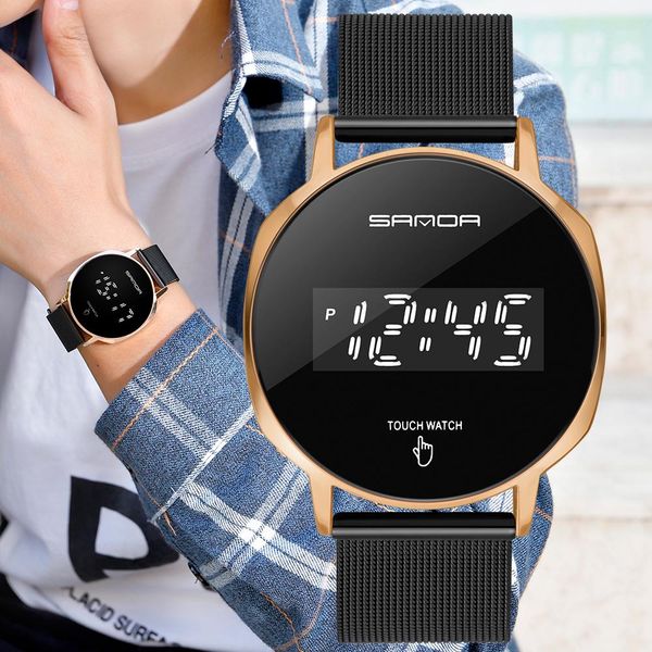 

sanda men led цифровые часы мужской сенсорный экран светодиодный дисплей спортивный наручные часы из нержавеющей сетки ремешок водонепроница, Silver