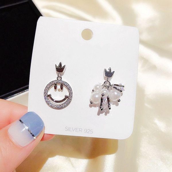 

high-end imitation pearl crysal simle face dangle earrings micro paved cubic zircon earrings for women, Silver