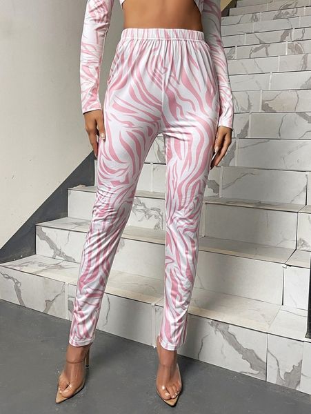 

zebra striped elastic waist slit hem leggings o9on#, Black